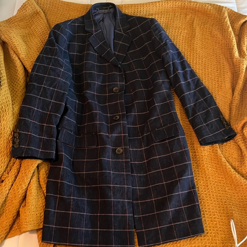 Sophisticated Samuel Windsor Long Coat in Navy Plaid - Size 38